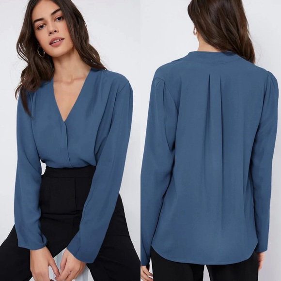 Long sleeve v neck pleated faux wrap look business casual blouse dark green - Picture 4 of 9